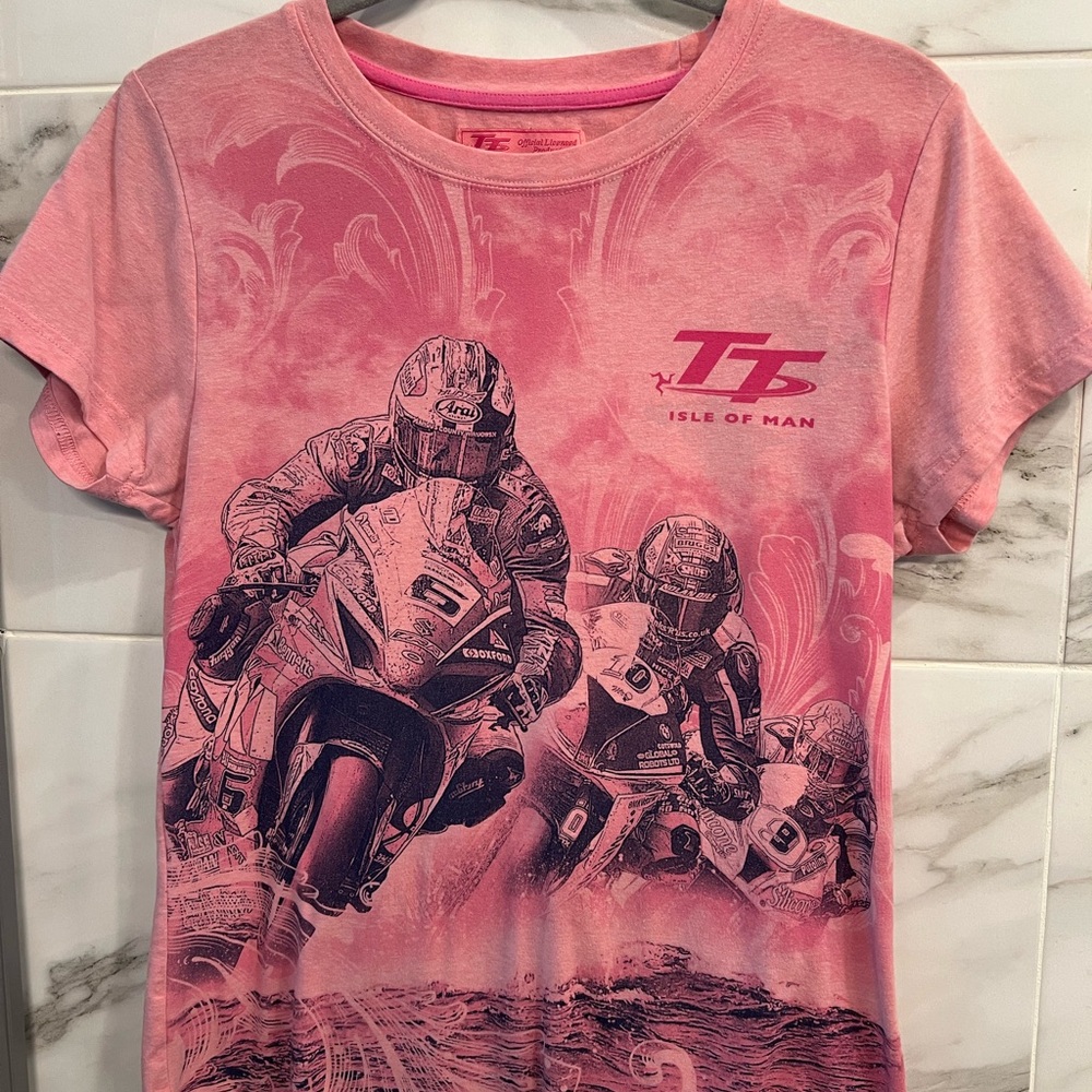 Pink Short Sleeve Tee with Vintage Motorcycle Graphic